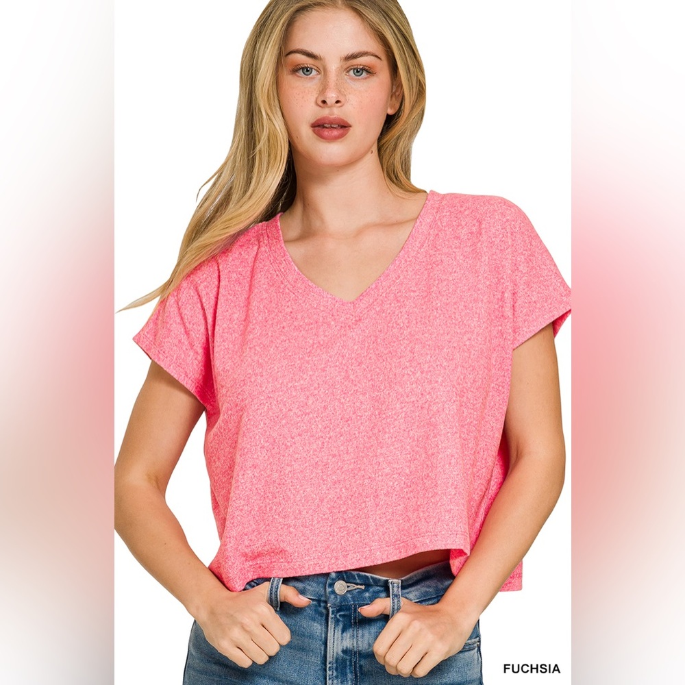 🆕 Zenana SOFT MELANGE V-NECK DROP SHOULDER CROPPED TOP